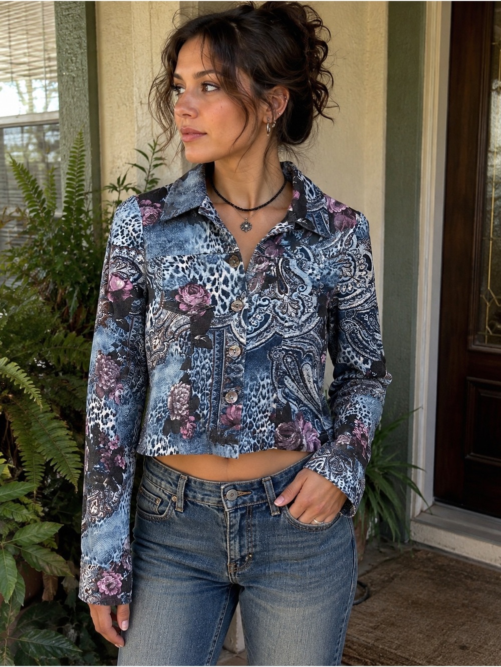 Cynthia Max Women’s M Y2K Floral Paisley Leopard Cropped Statement Jacket